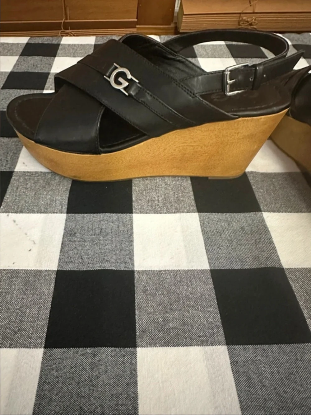 G by Guess Black Crisscross Slingback Sandals with Silver Logo